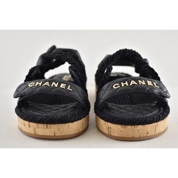 Chanel REV Black Gold Cord Rope CC Quilted Mule Ankle Strap Dad Sandal Flat 36 - Picture 7 of 14